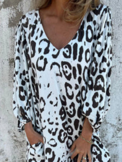 Full Size Printed V-Neck Dress with Pockets Plus Size