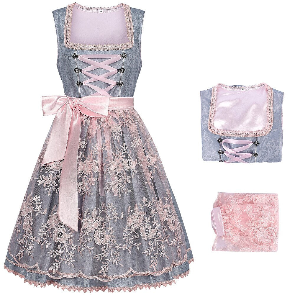 Oktoberfest Gray Dirndl Dress with Pink Lace Apron