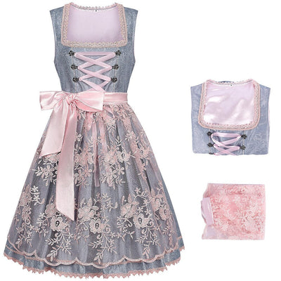 Oktoberfest Gray Dirndl Dress with Pink Lace Apron