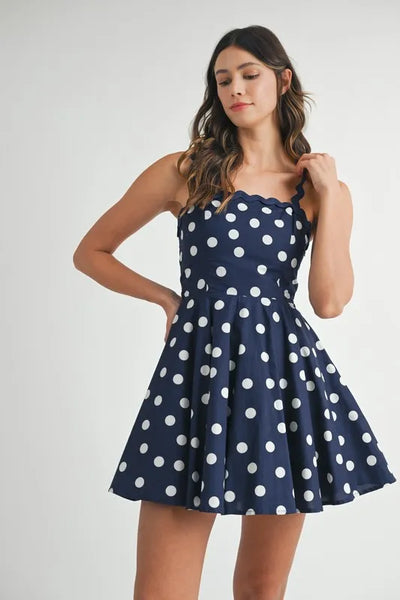 MABLE Polka Dot Mini Dress with Ricrac Trim Strap