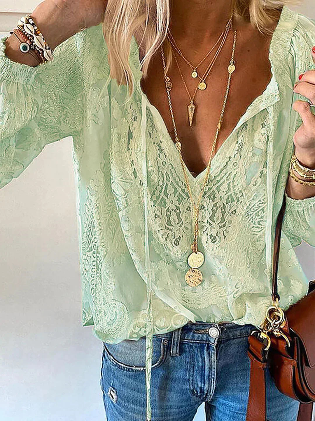 Heidi-Mode | V-Ausschnitt Spitzen Chiffon Bluse