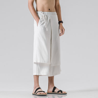 Retro Style Faux Two Piece Design Linen Pants