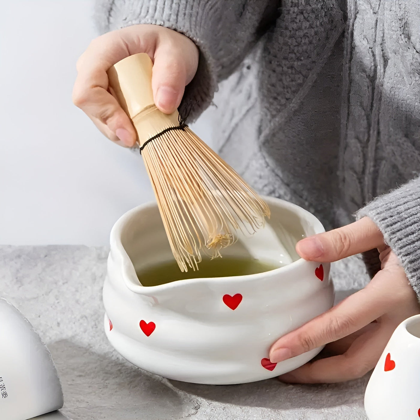 Matcha-Schale mit Herzdesign – 1/3/4/5 Stück Ausgießer & Bambusbesen | Ideal für den Hausgebrauch