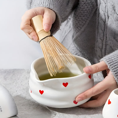 Matcha-Schale mit Herzdesign – 1/3/4/5 Stück Ausgießer & Bambusbesen | Ideal für den Hausgebrauch