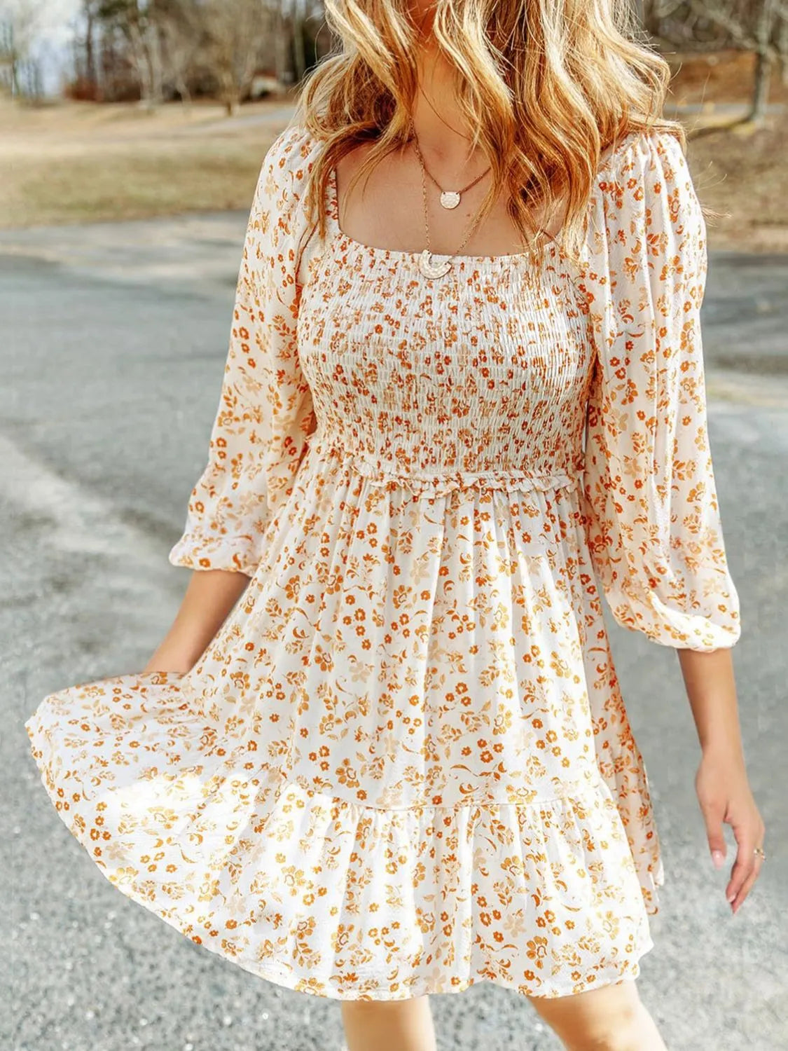 Smocked Floral Square Neck Dress