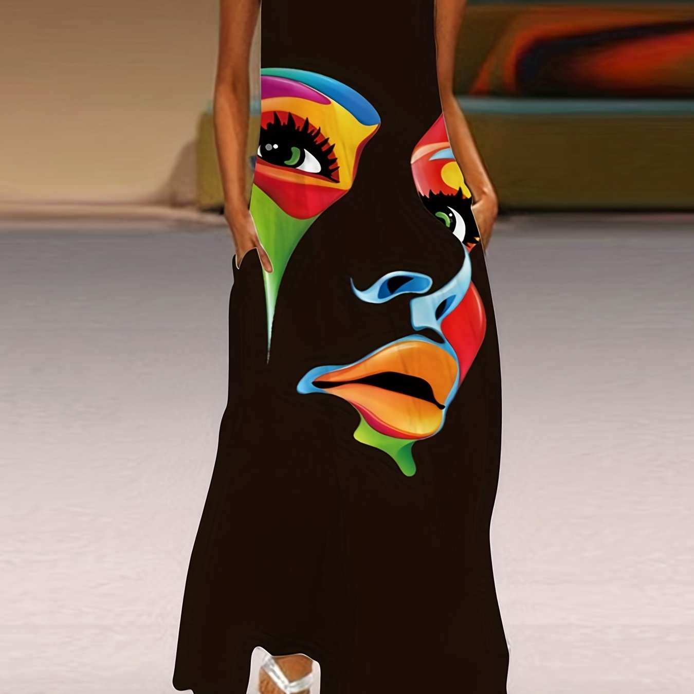 Maxikleid mit Gesichtsdruck für Damen