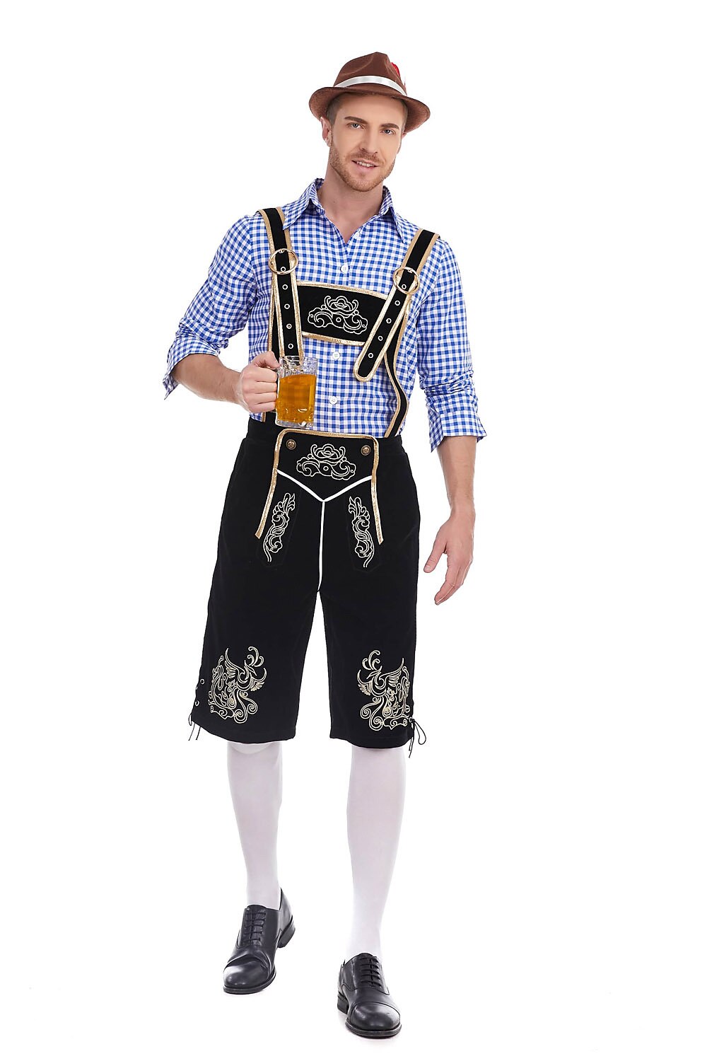 Men's Oktoberfest Costume with Embroidered Black Lederhosen, Shirt and Hat