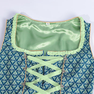 Oktoberfest Green Embroidered Dirndl Dress with Lace Apron