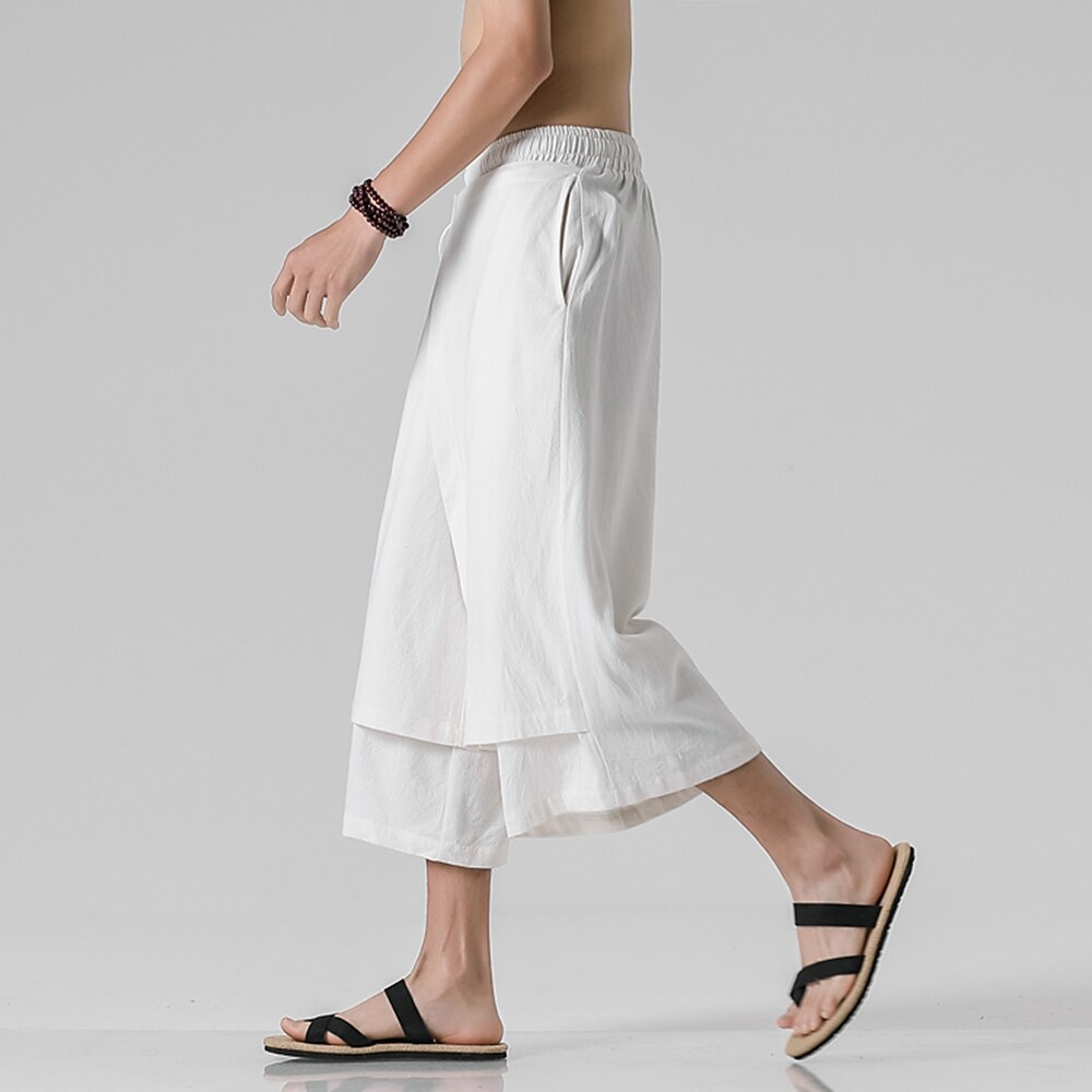 Retro Style Faux Two Piece Design Linen Pants