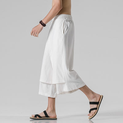 Retro Style Faux Two Piece Design Linen Pants