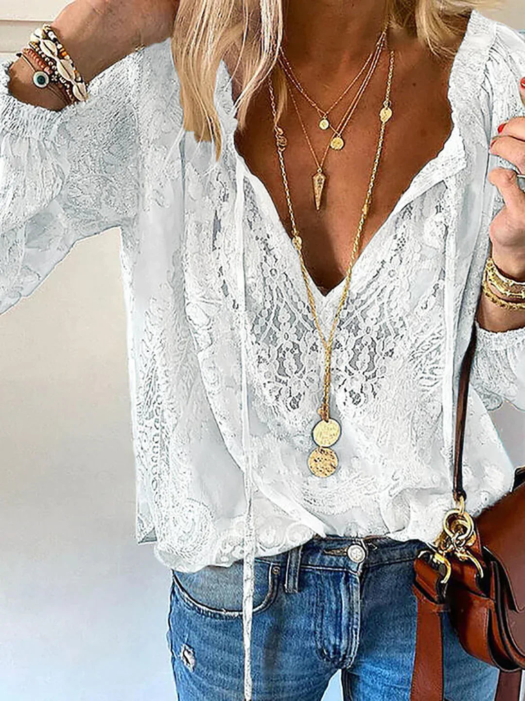 Heidi-Mode | V-Ausschnitt Spitzen Chiffon Bluse