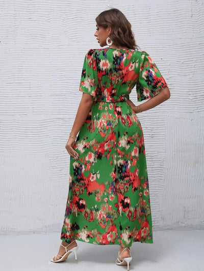 Printed Surplice Short Sleeve Maxi Dress