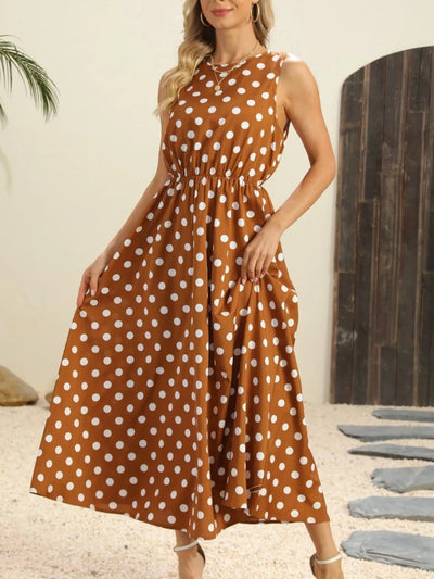 Polka Dot Round Neck Sleeveless Midi Dress