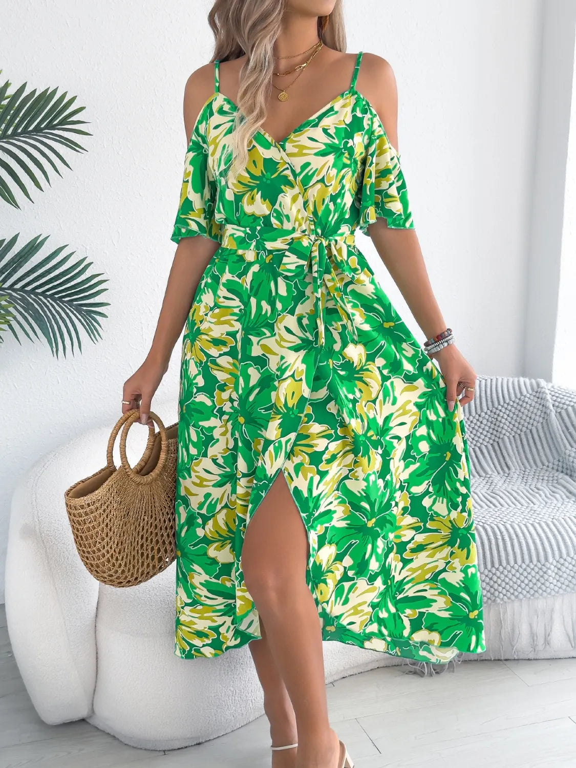 Printed Cold Shoulder Midi Cami Dress