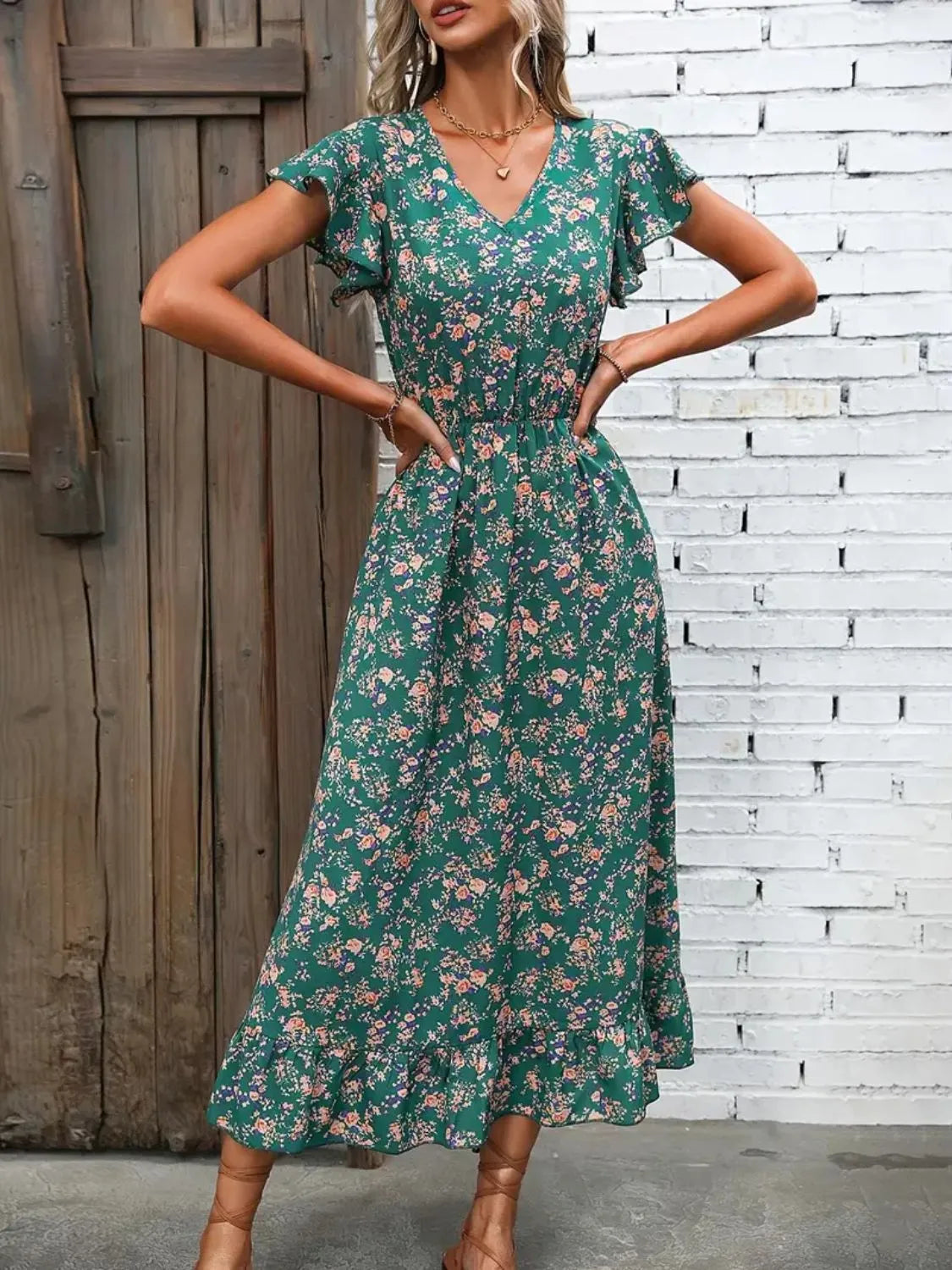Ruffled Floral V-Neck Cap Sleeve Dress