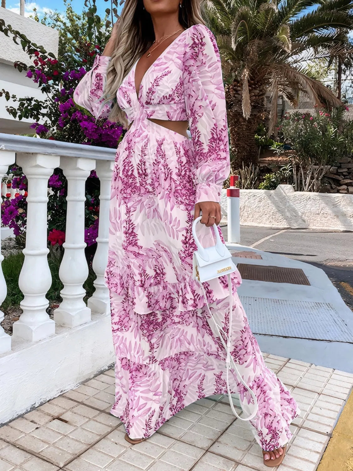 Ruffled Printed Cutout Plunge Maxi Dress