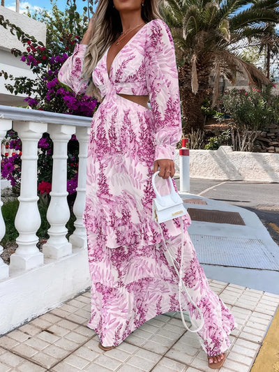 Ruffled Printed Cutout Plunge Maxi Dress