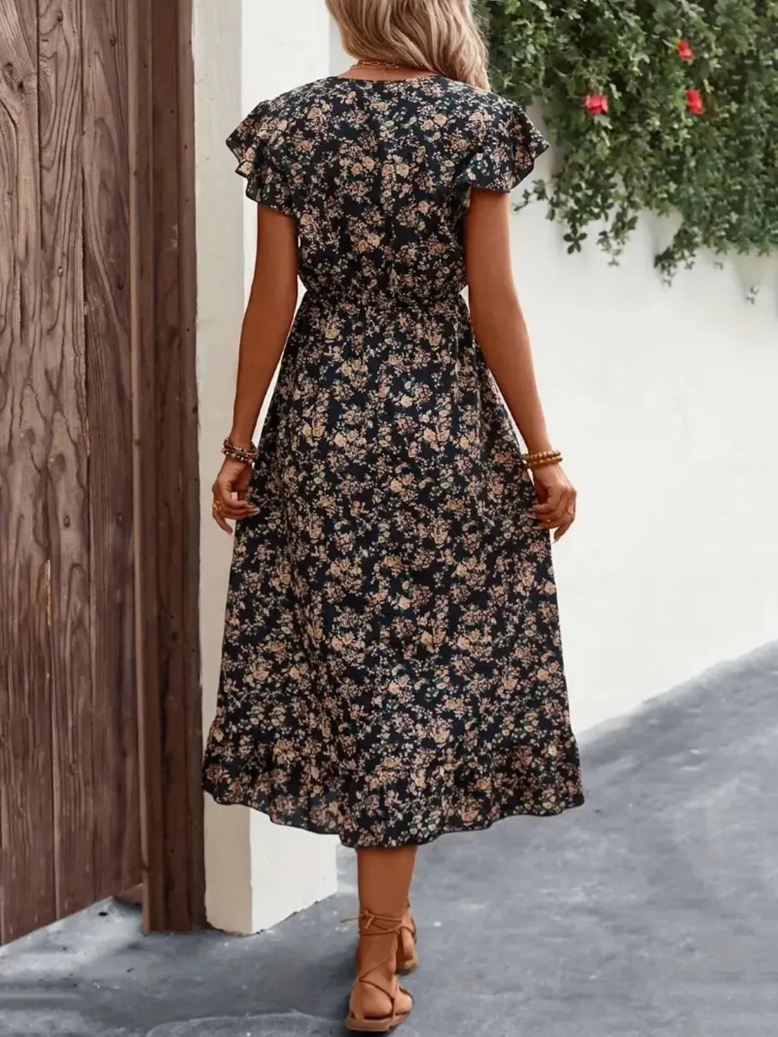 Ruffled Floral V-Neck Cap Sleeve Dress