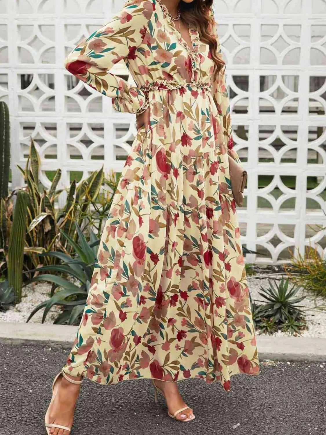 Frill Printed V-Neck Flounce Sleeve Dress