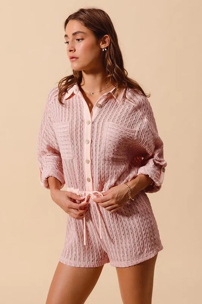 SO ME Textured Knit Button Front Romper
