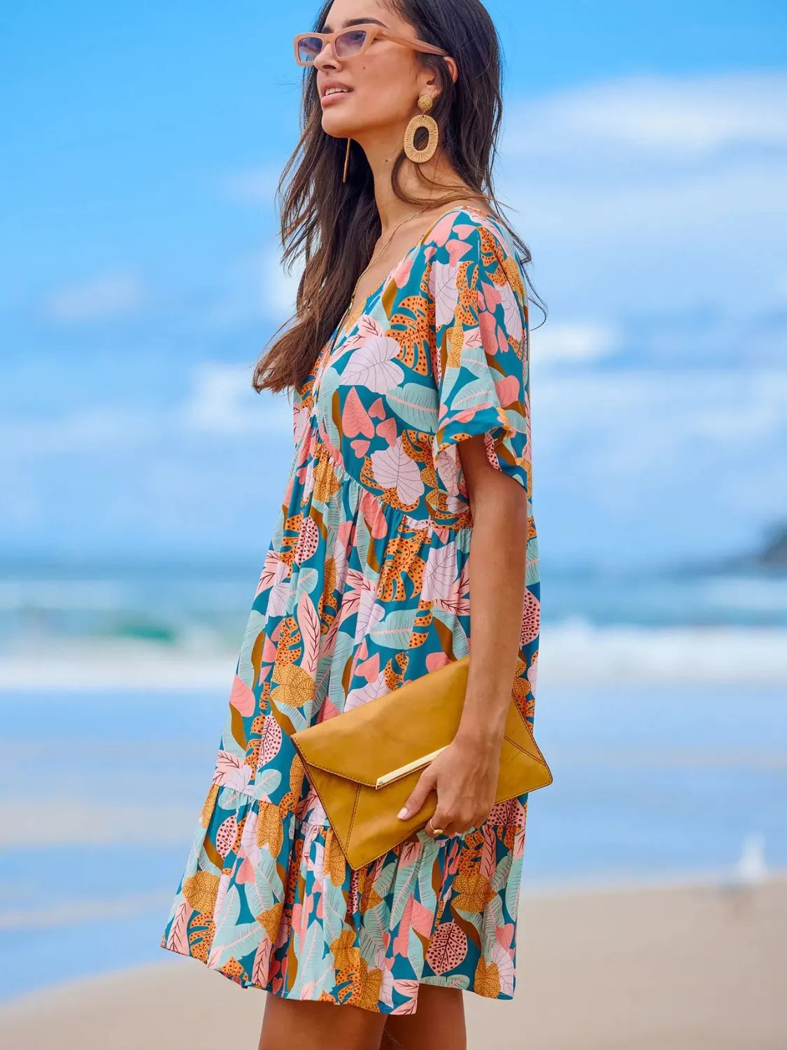 Printed V-Neck Short Sleeve Dress