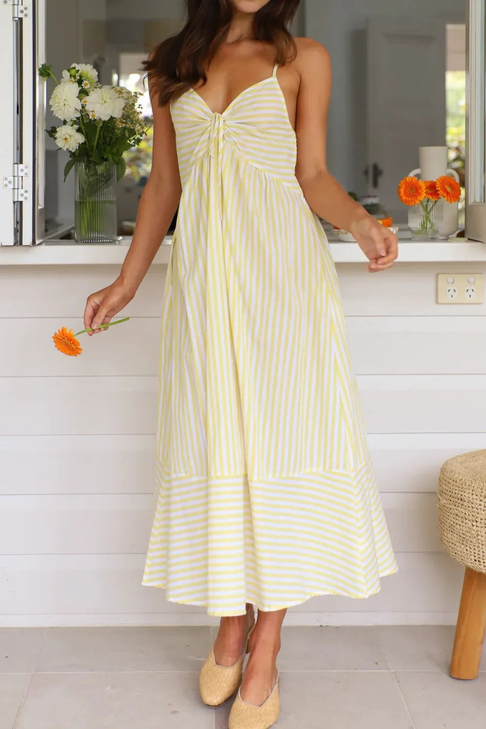 Smocked Back Striped Sleeveless Midi Cami Dress
