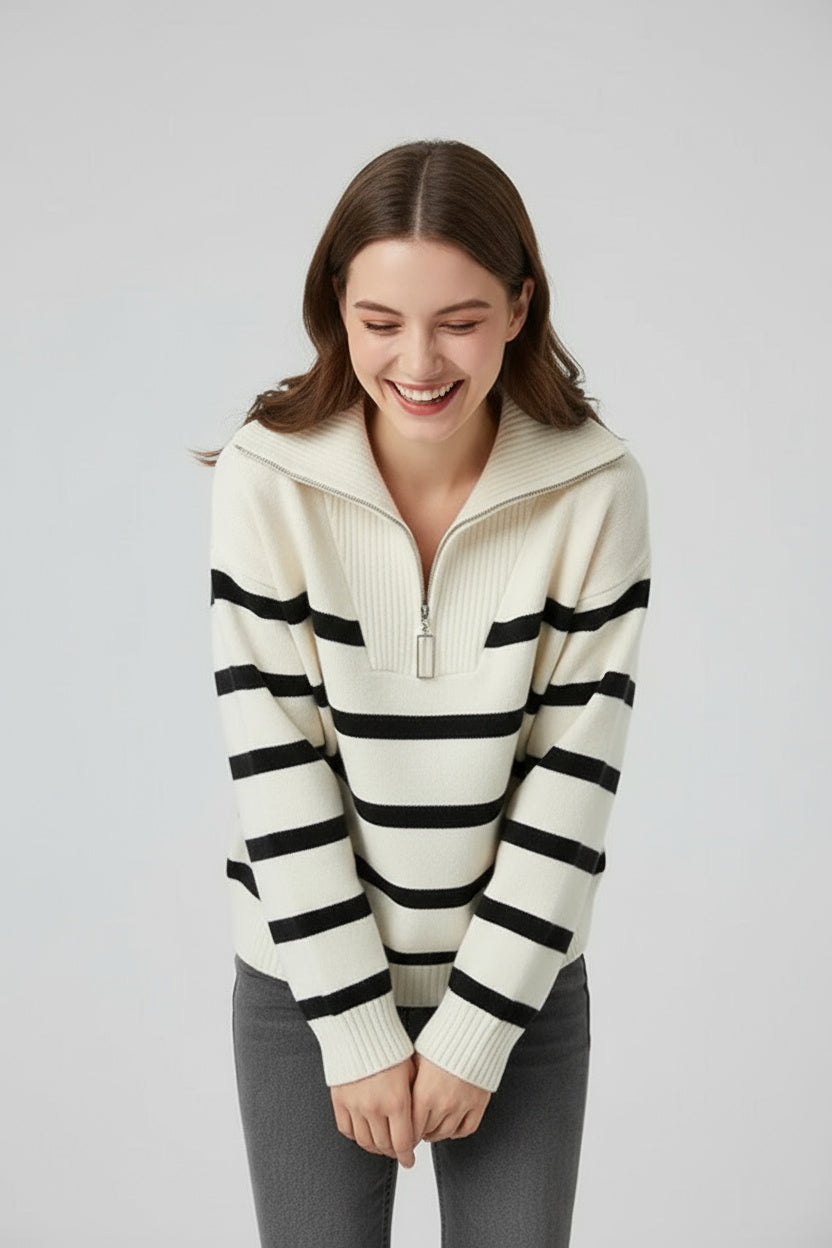 Selma | Damen Strickpullover Mit Reißverschluss Und Streifen