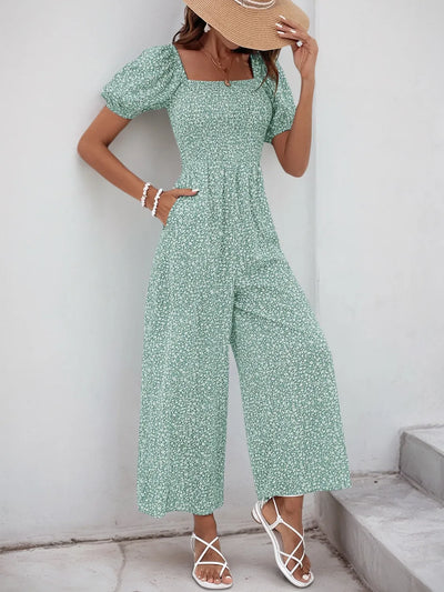 Printed Square Neck Puff Sleeve Jumpsuit