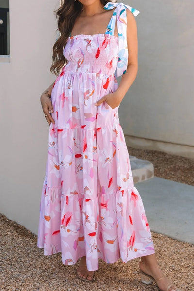 Floral Print Knotted Shoulder Smocked Maxi Dress
