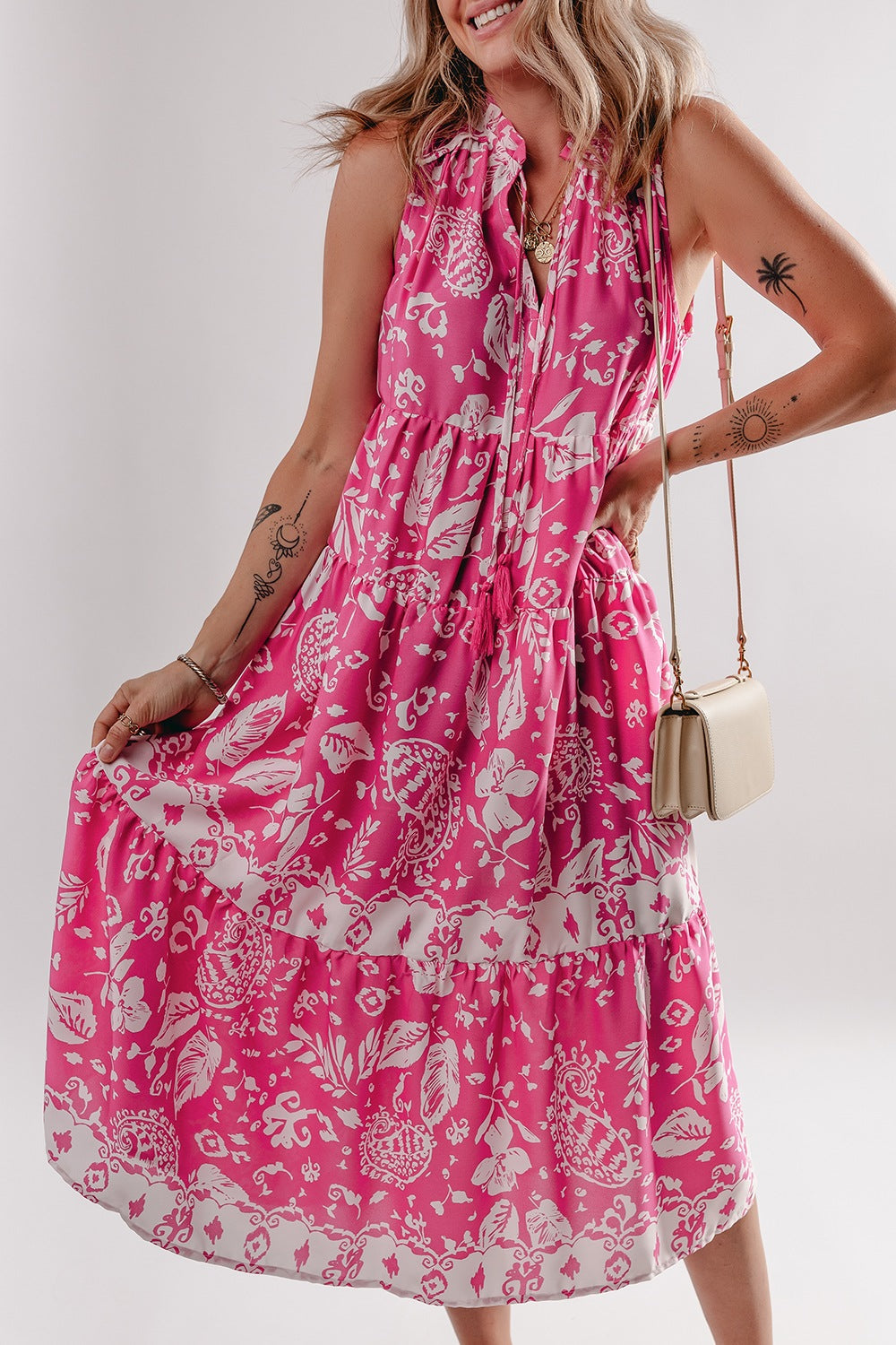 Floral Sleeveless Tasseled Tie Neck Tiered Midi Dress