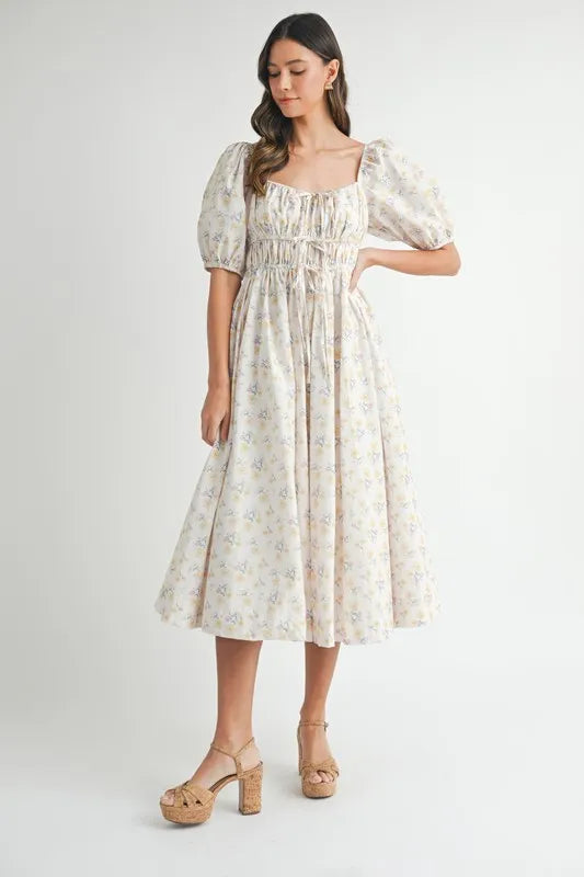 MABLE Floral Drawstring Detail Puff Sleeve Midi Dress