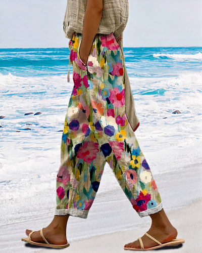 Damen bequeme Hose mit Blumenmuster | Sommer