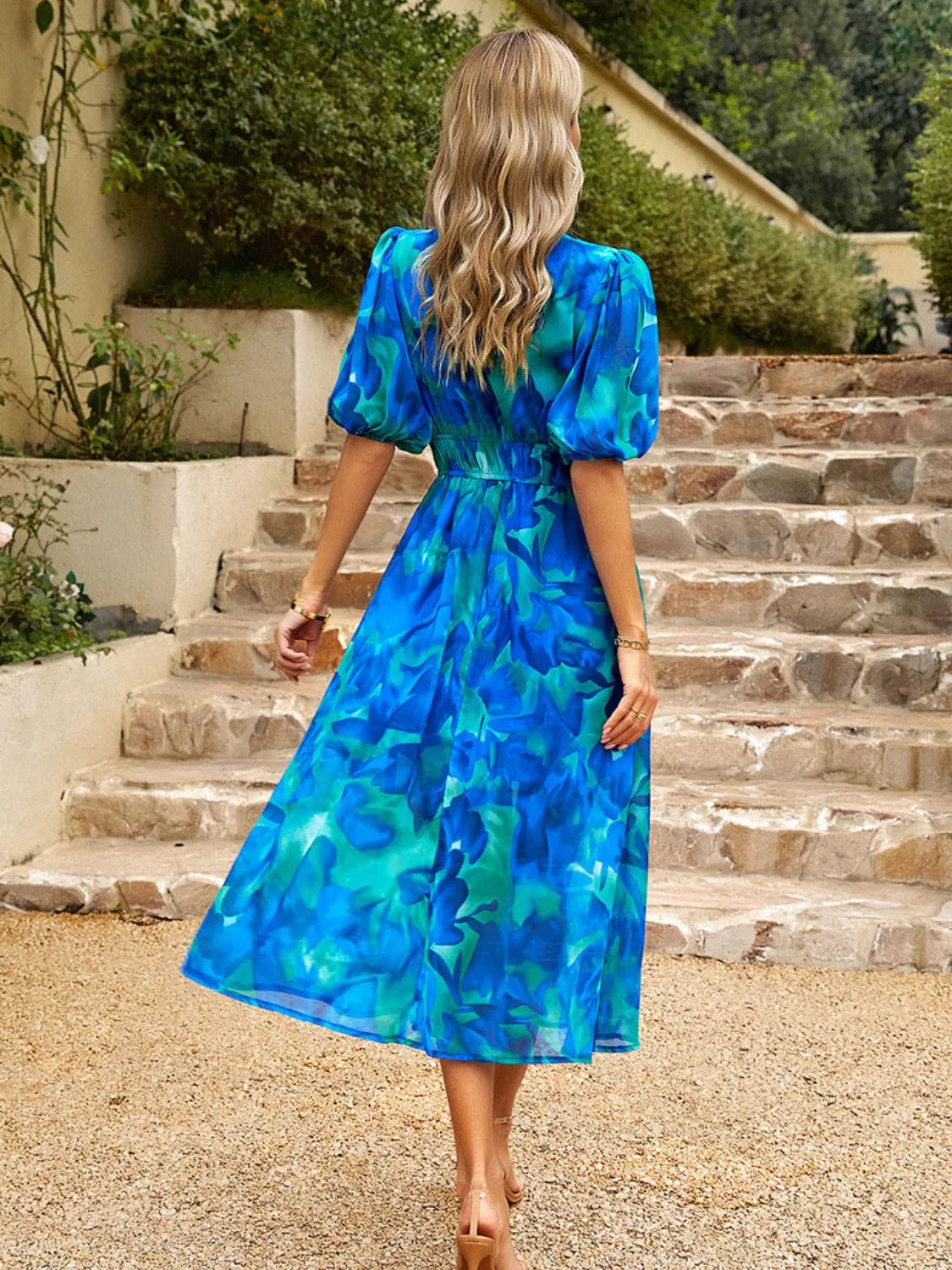 Printed Puff Sleeve Midi Dress