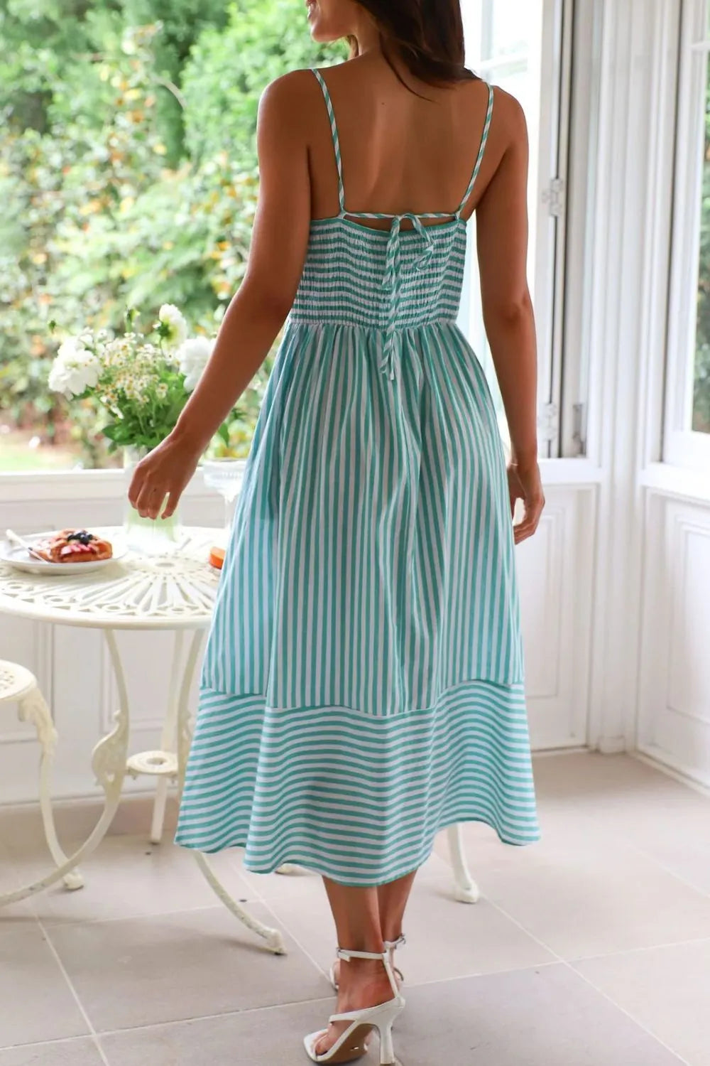 Smocked Back Striped Sleeveless Midi Cami Dress