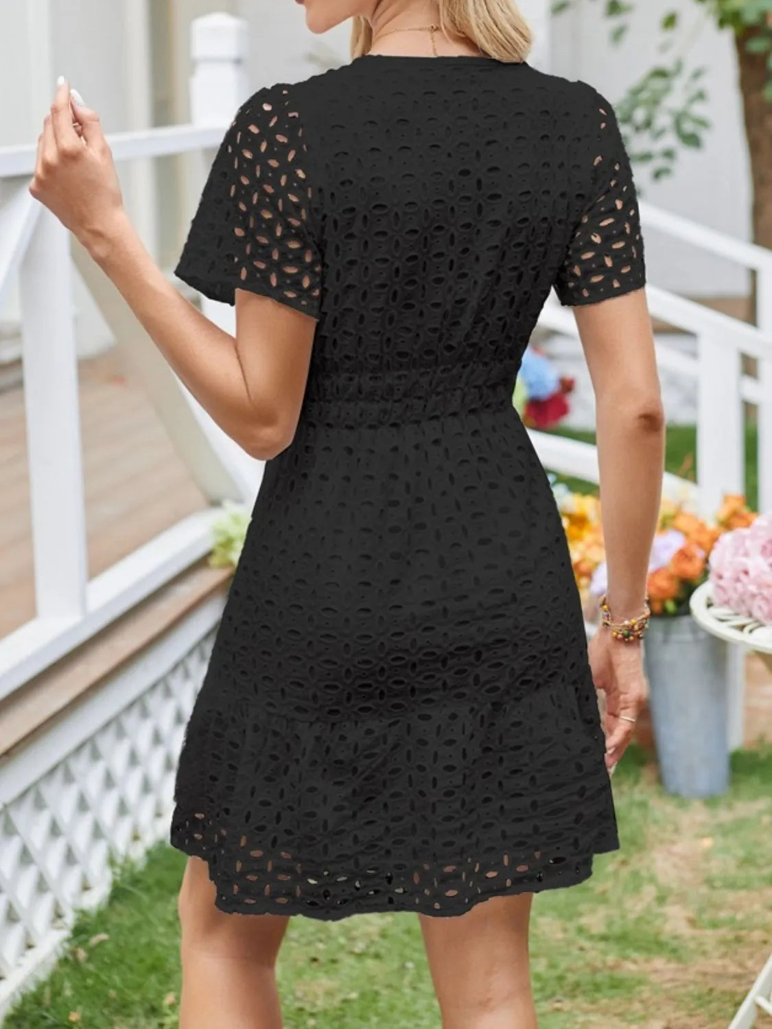 Eyelet Notched Short Sleeve Dress