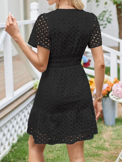 Eyelet Notched Short Sleeve Dress