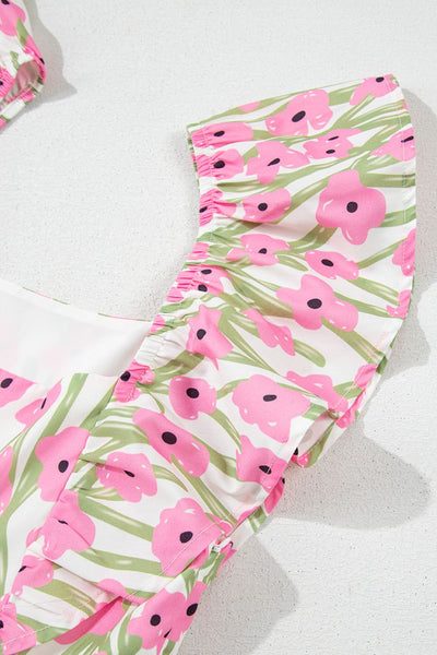 Floral Print Square Neck Ruffled Cap Sleeve Maxi Dress
