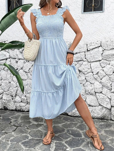 Smocked Striped Wide Striped Midi Dress
