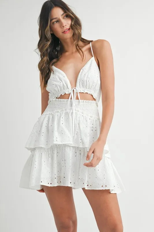 MABLE Lace Eyelet Ruffle Mini Dress With Front Cutout