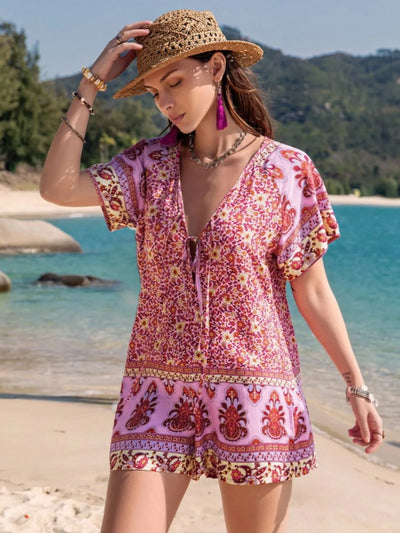 Printed V-Neck Short Sleeve Romper