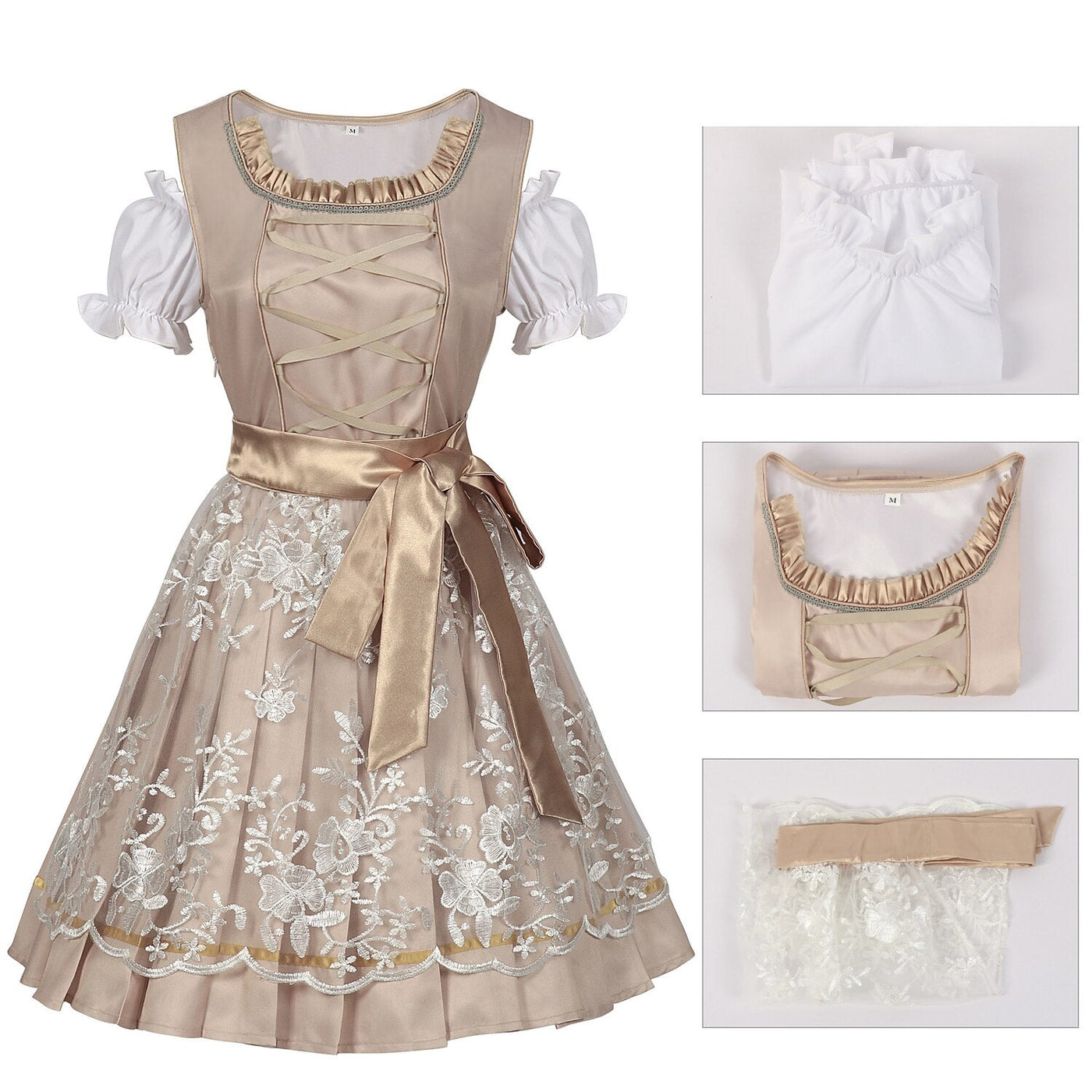 Oktoberfest Champagne Gold Dirndl Dress with Apron and Blouse