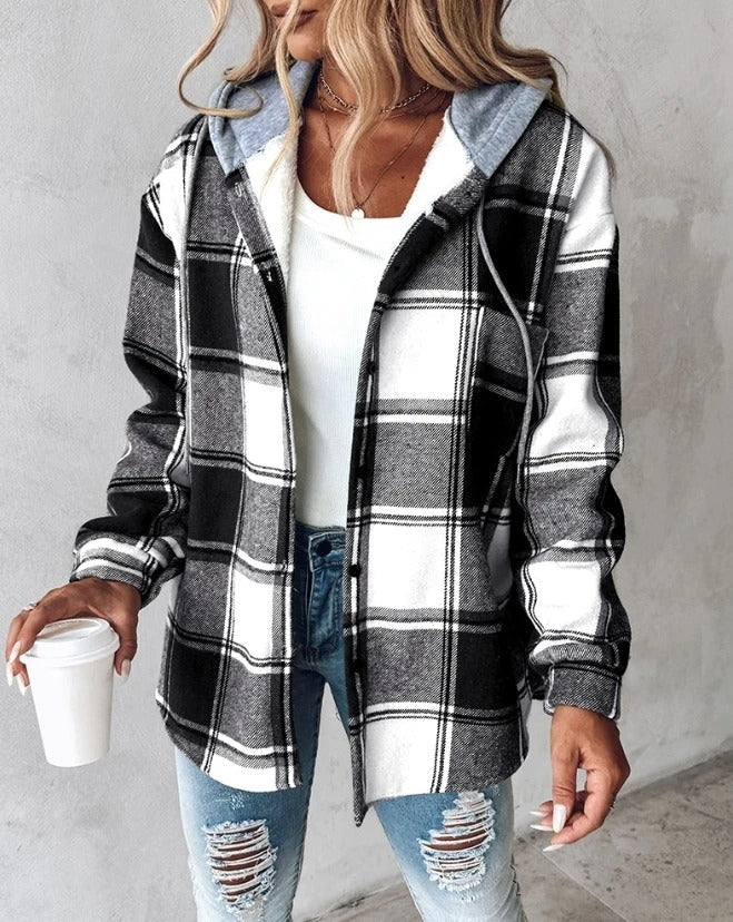 Übergangsjacke für Damen - Leichte Karojacke mit Kapuze