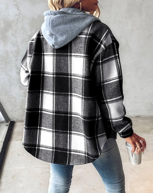 Übergangsjacke für Damen - Leichte Karojacke mit Kapuze