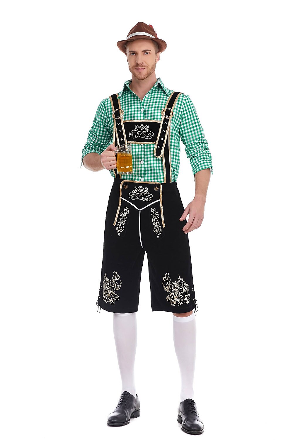 Men's Oktoberfest Costume with Embroidered Black Lederhosen, Shirt and Hat