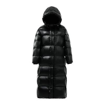 Schwarz Eleganz | Überlange Daunen-Pufferjacke für stilvolle Wärme