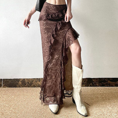 Gothic Style Asymmetrical Ruffled Lace Maxi Skirt