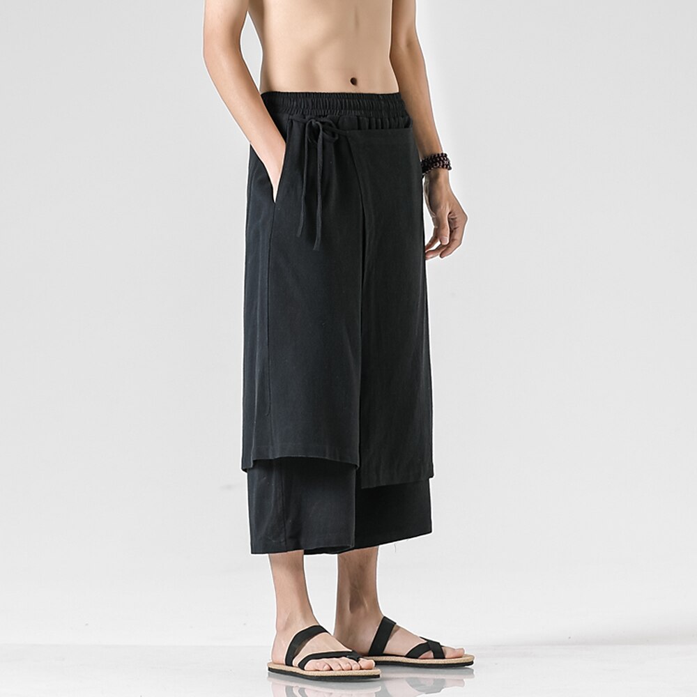 Retro Style Faux Two Piece Design Linen Pants