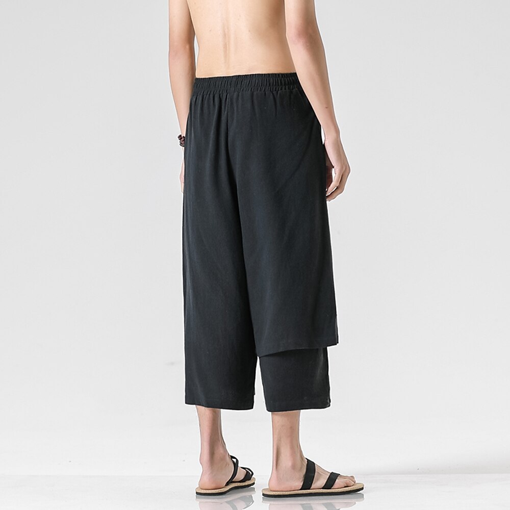 Retro Style Faux Two Piece Design Linen Pants