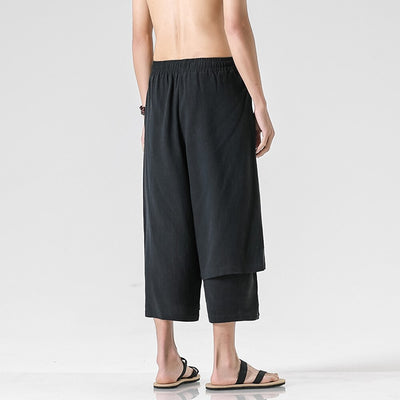 Retro Style Faux Two Piece Design Linen Pants