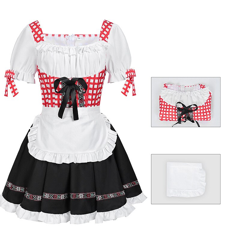 Oktoberfest Red Checkered Dirndl Dress with Apron and Blouse